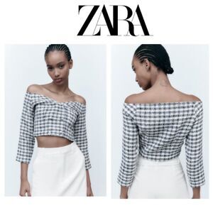 NWT Zara Tweed Off-The Shoulder V-Neck Top with Long Sleeves